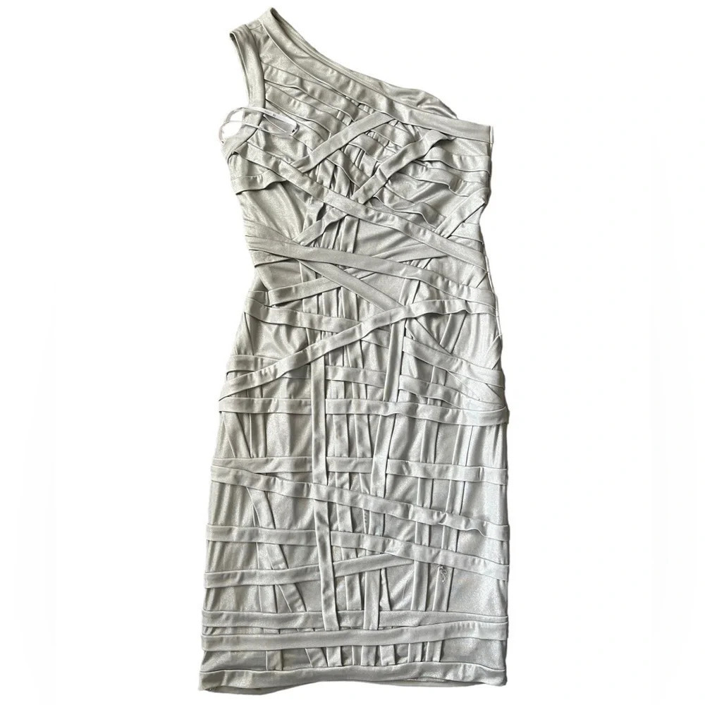Tadashi Shoji Silver Metallic One Shoulder Dress